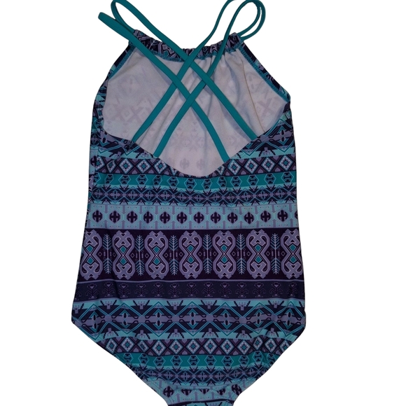 Purple and Teal Patterned Swimsuit with Lace Dress - Picture 2 of 3